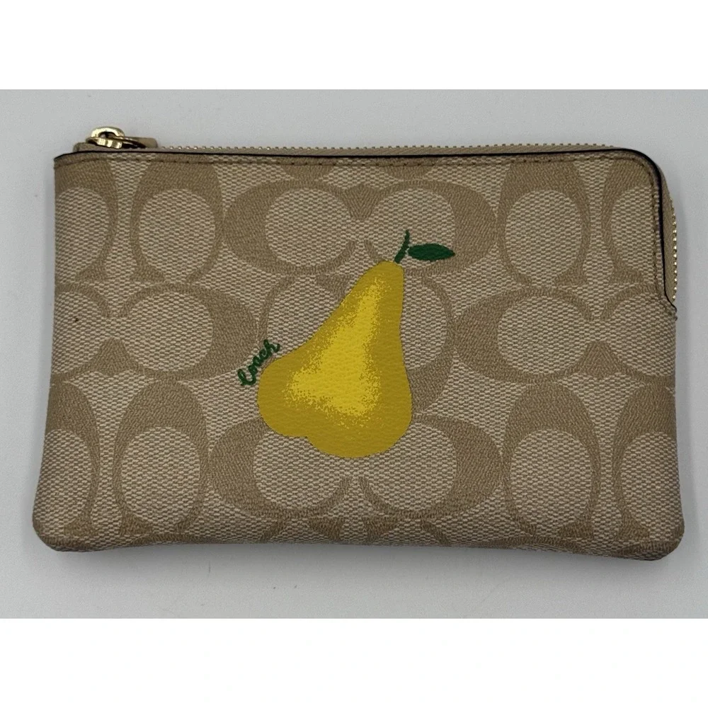 Coach Small Corner Zip Wristlet Wallet Yellow Pear Signature Light Khaki Pattern